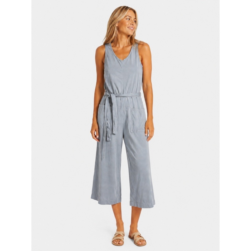 NWOT Everlane Blue Gray Cotton V-Neck Sleeveless Cropped Wide Leg Jumpsuit M